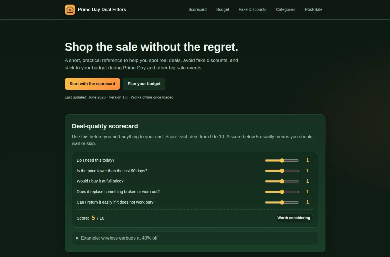 Screenshot of Prime Day Deal Filters interface showing the project page in use